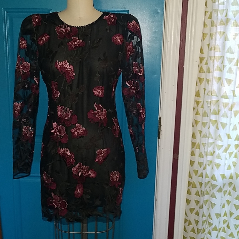 Puff shoulder, embroidered, back zip dress